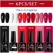 Mtssii Juego de 6 esmaltes de uñas en gel de unicolor de 7 ml, colores primavera-verano, glitter, negro, blanco, rojo, resistente a remojo, UV, semi-permanente, suministros para uñas