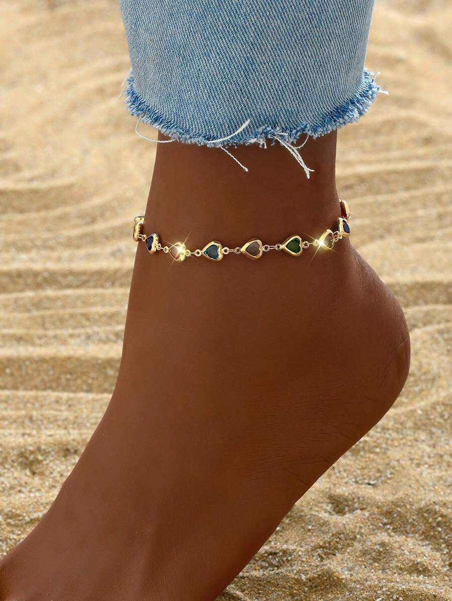 1pc Y2K Fashion Versatile Random Color Crystal Heart Anklet, Suitable For Daily Wear And Vacation - Multicolor - View 1