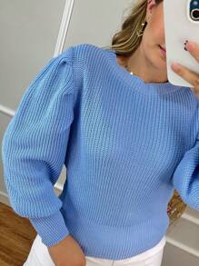 Women's Winter Cold Weather Puff Sleeve Princess Long Pleated Knit Sweater Top - 淺藍色 - 查看 2