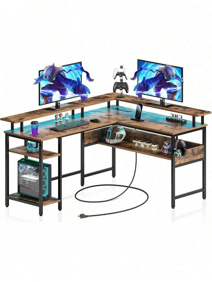 L-Shaped Gaming Table With Single LED Power Outlet