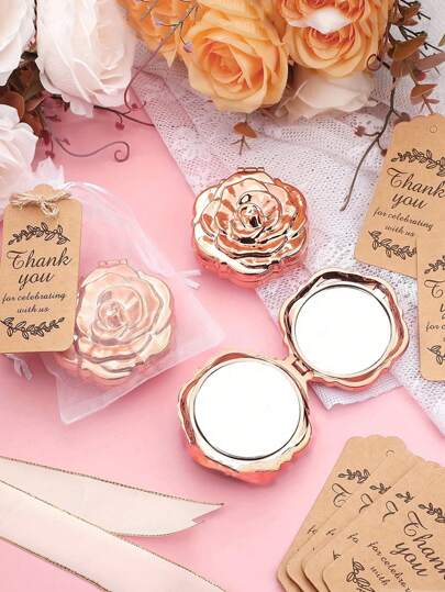 32/30/24/16/15/5/4件套玫瑰花造型便携式化妆镜，婚礼回礼，新娘送礼；玫瑰花造型旅行镜套装，含化妆刷、感谢卡、亚麻绳和欧根纱袋，适合新娘赠送