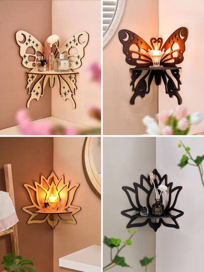 1pc/2pcs Wooden Butterfly & Lotus Shaped Wall Mounted Display Rack (Nails Not Included), Creative Minimalist DIY Assembly Wooden Mini Storage Rack, Suitable For Bedroom, Kitchen, Wall Decor