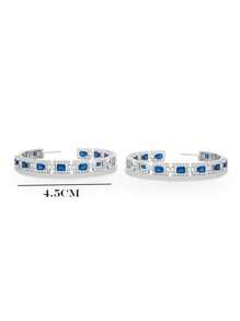 Elegant S925 Sterling Silver Blue Rectangular Cubic Zirconia Decorated Hoop Earrings, Suitable For Women's Daily Wear, Bridal Jewelry, Wedding, Birthday Party, Anniversary Gift - Multicolor - View 4