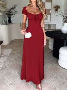 PoPoHouse Women's Solid-Color Bohemian Vacation-Style Dress With A Low-Cut Off-The-Shoulder Neckline And Back Tie Detailing.