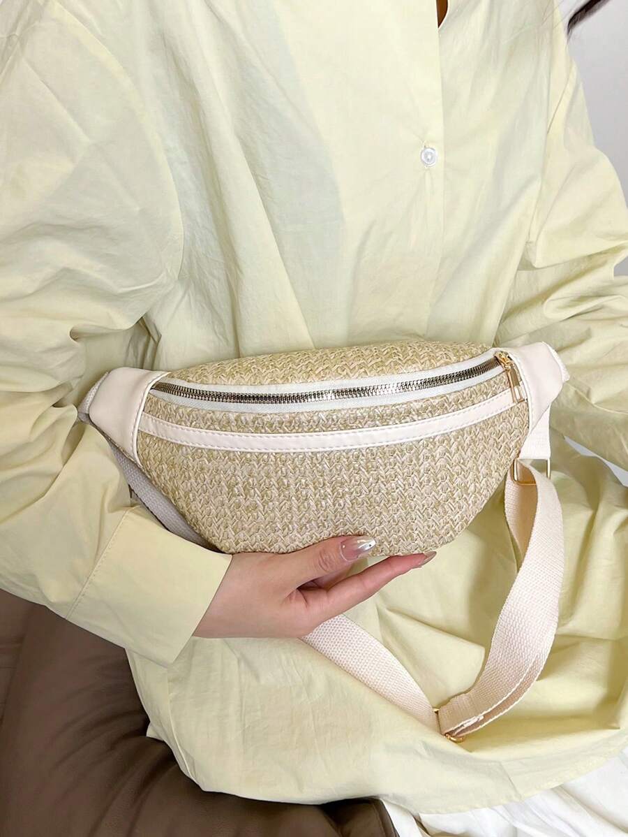 Jacquard Zipper Waist Bag, Crossbody Fanny Pack, Rattan Beach Waist Pouch - Khaki - View 1
