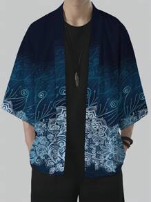 男士复古花卉图案和服，防紫外线，涤纶，休闲夏季风格 - 黑色 - 查看 1