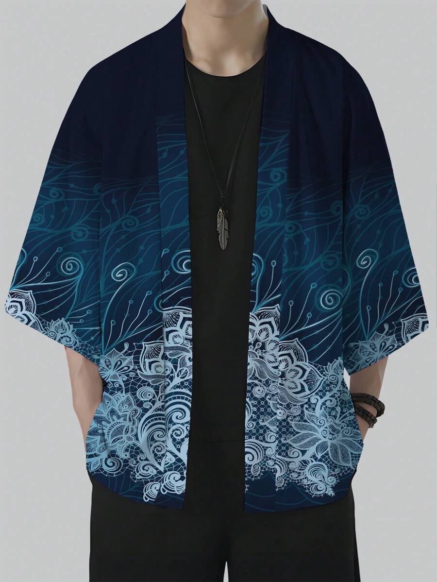 男士复古花卉图案和服,防紫外线,涤纶,休闲夏季风格 - 黑色 - 查看 1