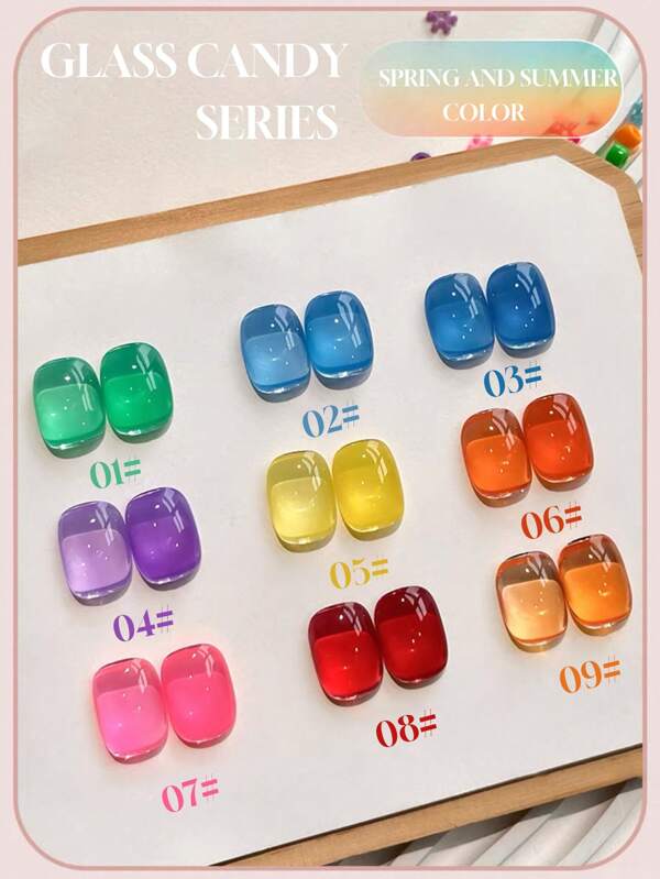 Miss Leia 9 Stück 15ML Frühlings-/Sommers-Eisige Transparente Gelee Dopamin Glas Bonbon Regenbogen Macaron Farbserie Gel Nagellack, Populäre Aufhellende Kristallglas Perlen Farbe Gel Lack, Hochgradig Vielseitig Transparente Grün Blau Lila Gelb Orange Pink Rot Bernsteinfarben Nägel Können Mit Kristall Katzenaugen Überzogen Werden, Benötigt UV Trocknung