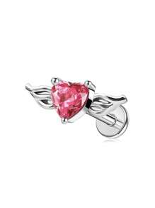 1 Stainless Steel Heart-Shaped Cubic Zirconia And Wing Combination Lip Stud, Lip Ring, Cartilage Earrings, Women's Party, Daily Wear Body Piercing Jewelry, Suitable For Valentine's Day, Women's Day, Mother's Day Gift
