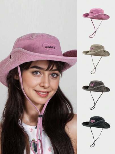 1pc Women's Heart & Letter Embroidered Washed Vintage Bucket Hat, Fashionable Outdoor Hiking Climbing Sun Protection Hat, Suitable For Daily Casual Outdoor Travel