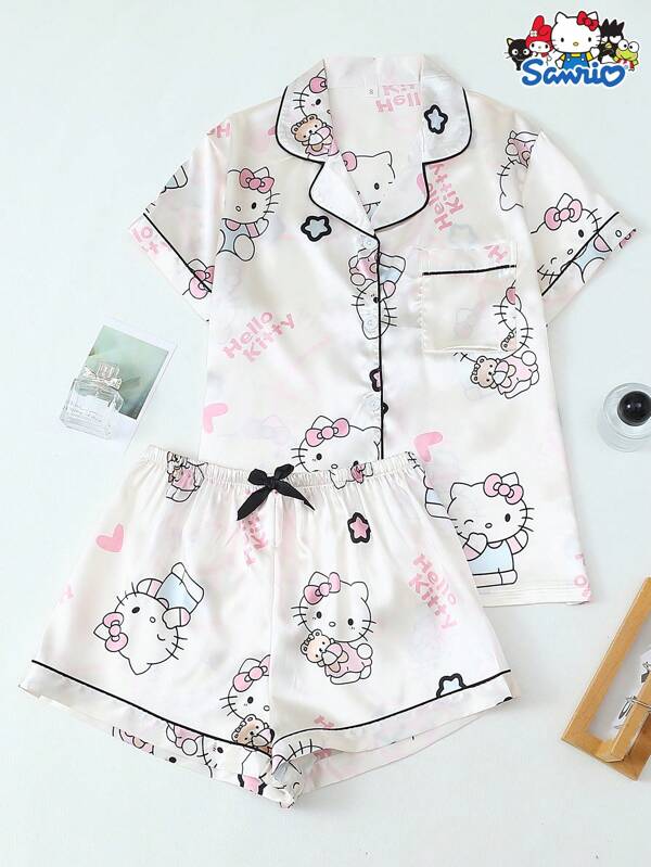 2pcs/Set Women's Spring/Summer Satin Sanrio Hello Kitty Print Lapel Short Sleeve Button Pocket Top And Bow Shorts Pajama Set, Home Leisure Wear