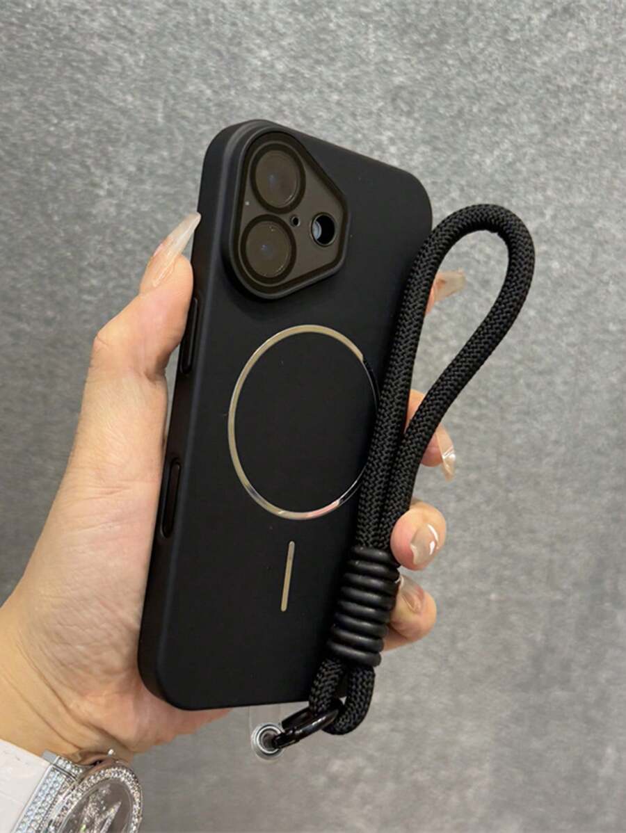 奢华镜头保护磁性手机壳带腕带兼容 iPhone 16 15 14 13 12 11 Pro Max 磁性无线充电后盖 - 黑色 - 查看 1