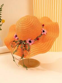 1 件女童米色波浪边太阳帽，带花卉蝴蝶结装饰，波西米亚风格，适合夏季户外活动、海滩度假、日常穿着、母女搭配 - 花環波浪草帽 - 查看 21