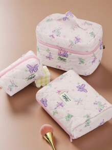 1 Set/3pcs Women Simple & Elegant European/American/Korean Style 3-Piece Set, Spring/Summer/All Season Ditsy Floral/Butterfly/Small Flower Print Makeup Bag, Cosmetic Bag, Toiletry Bag, School Pencil Case, Phone Bag, Sanitary Pad Bag, Tissue Box, Charger Bag, Travel Essentials, Gift For Birthday, Couples, Holiday - Multicolor - View 2