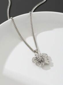 1pc Unique Minimalist Metal Flower Pendant Necklace For Men - Silver - View 3