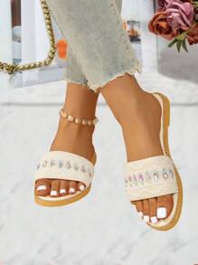 新款夏季女士水钻平底凉鞋，舒适休闲一脚蹬平底拖鞋，时尚户外凉鞋