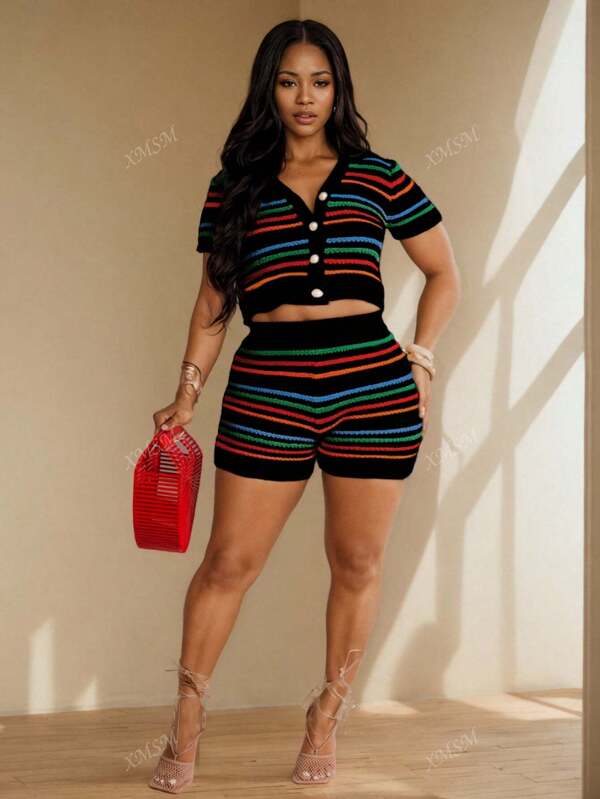 Plus Size Knitted Contrast Striped Hollow Out Sweater Set: Short Sleeve Top And Shorts, 2 Pieces Outfit, Spring/Summer