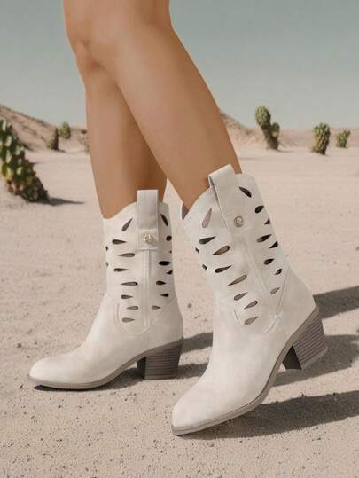 Women's Western Style Hollow-Out Ankle Boots, Vintage Fashion Sexy Elegant Versatile Low Heel Comfortable Durable Mid-Calf Boots, Suitable For Spring And Autumn