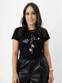 T-Shirt de Algodão Fé e Flor - Preto - Visão 1