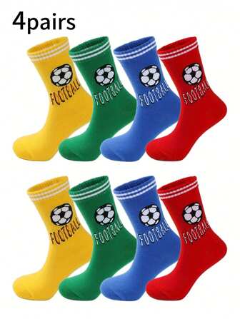 4 Pairs Kids Sports Football & Letter Pattern Socks, Unisex Striped Mid-Calf Socks, Suitable For Everyday Wear