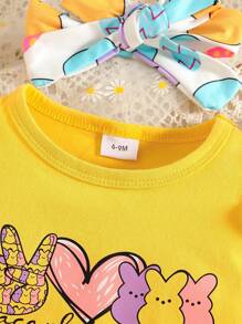 Infant Girls' Cute Rabbit Graphic Round Neck Cap Sleeve Top With Colorful Letter & Rabbit Print, Matching Flared Print Pants & Headband Set, Suitable For Summer Vacation And Daily Wear