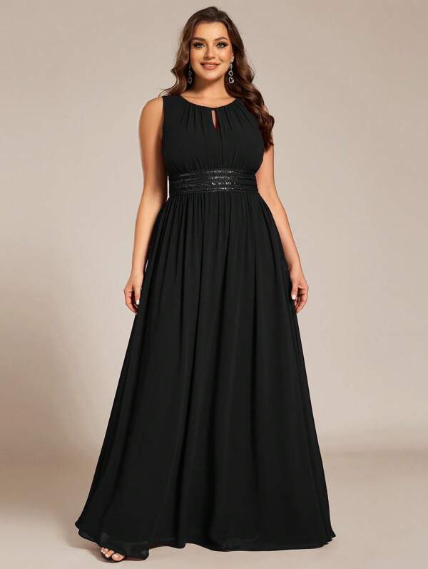 Plus Elegant Sleeveless Round Neck Sequin High Waist Party Dress, Black Formal Dress, For Summer, Bridesmaid Dress