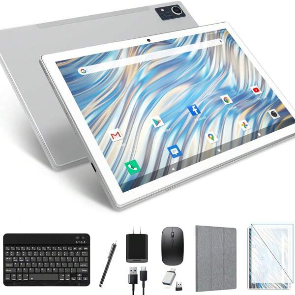2025 Última tableta Tabletas de 10 pulgadas 16GB RAM + 128GB ROM/TF 1TB, 5G + 2.4G WLAN, 8 núcleos 2.0GHz, 8000mAh, 13MP + 8MP, Tablet PC Android 13 Tablet con teclado Pen Mouse, 1080FHD, GPS GMS Tablet - Plata