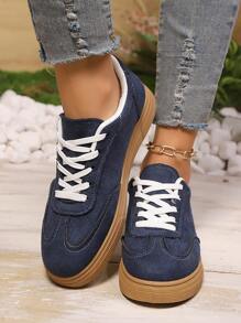 新款休闲运动鞋，时尚百搭训练鞋，仿麂皮面料，系带，女士/女学生鞋 - 藍色 - 查看 2