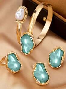 4pcs/Set Luxury Faux Pearl Fashion Jewelry Set: Bracelet, Ring, Earrings For Women, Suitable For Wedding,Party,Mother's Day Gifts