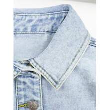 Women's Plain Button Front Drop Shoulder Curved Hem Denim Jacket, Casual Fashionable Loose Fit Long Sleeve Pocket Design Collar Jacket Outerwear For Daily Wear, Ladies Clothes For All Seasons, Womens Clothes - 輕洗 - 查看 7
