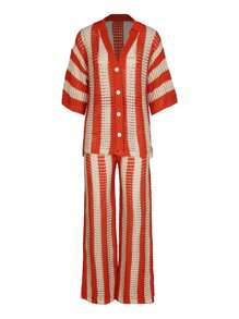 度假休闲双色条纹单排扣镂空针织上衣和裤子套装