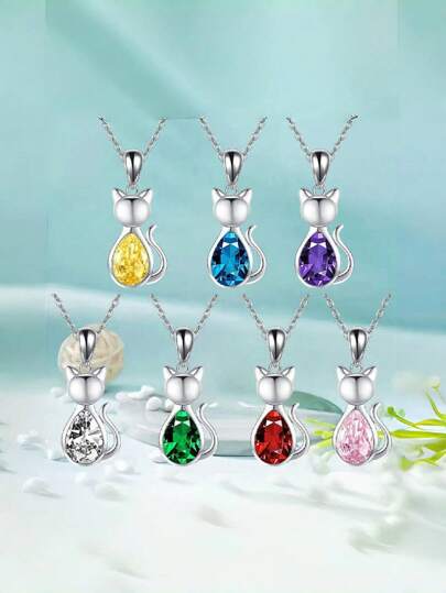 YSH.ZIXIN 1pc Charming Crystal Cat Pendant Necklace, Creative Glowing Water Drop Personalized Necklace For Women