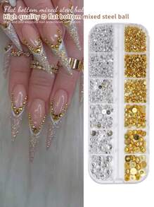 12颗/盒 金银色半圆鱼子酱珠 美甲装饰珠，1/2/3/5毫米扁平圆钢珠，微型球美甲饰品，美甲用品 - 彩色 - 查看 2