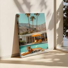 1pc Framed Canvas Poster Tiger Swimming-Pool Tropical-Resort Wall Art Canvas Paintings Ideal Gift For Bedroom Living Room Corridor Wall Art Wall Decor Room Decoration Ready To Hang