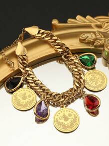 1pc Colorful Teardrop Zirconia & Arabic Gold Coin Totem Women Bracelet - Gold - View 3