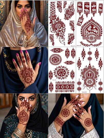 4st bruna nagelkonst-tatueringsklistermärken, vattentäta tillfälliga tatueringsklistermärken, bruna hennatatueringar för damer, tillfälliga tatueringar med DIY-fingernagel.