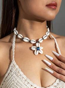 1pc Fashionable Versatile Bohemian Style Woven Flower, Evil Eye & Seashell Pendant Necklace, Suitable For Beach, Party, Gift - Multicolor - View 3