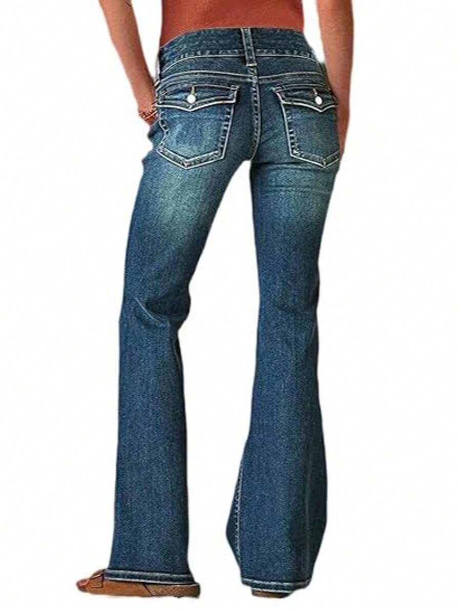 Luscious Curvy Bootcut Jeans For Women Mid-Rise Insta Stretch Denim Double Button Flip Back Pocket  Women Mid Waisted Bootcut Jeans Zip Stretchy Slim Casual Double Button Flare Denim Pants With Distressed Pocket - Dark Wash - View 1