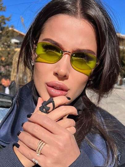 1pc Women's Green Oval Frameless Metal Leg Edgy Small Frame Fashion Glasses, Suitable For Daily Wear For Summer Beach Vacation,Outdoor,Travel