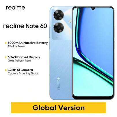 Realme Note 60 解锁手机 3GB+64GB/4GB+128GB/6GB+128GB 全球版，4G LTE，Andriod 14 智能手机，6.74 英寸高清 90Hz 显示屏，5000mAh 电池，3200 万像素摄像头，7.79mm 超薄手机，无适配器