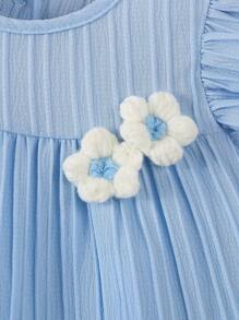 2pcs/Set Baby Girl Solid Color Casual Sweet Crochet 3D Floral Cap Sleeve Dress + Headband