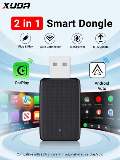 XUDA XUDA New 2in1 Mini Adapter Wireless Carplay And Android Auto Suitable For 99% Of Original Wired Carplay/Android Auto Cars, Wired To Wireless Stable Transmission Compatible With IPhone IOS 10+/Android 11+, USB/USB-C