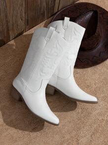 BURUDANI Women's Classic Western Cowboy Boots Slip-On Pointed Toe Embroidery Matching Dress Music Festival Party Farm Mid-Calf White Boots - 白色 - 查看 3