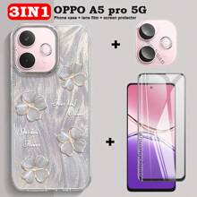 3合1适用于OPPO A5 Pro屏幕保护膜钢化玻璃膜OPPO A5pro 5G A5 Pro手机壳高级流沙壳四叶草彩绘保护套+镜头膜 - 3in1 - 查看 2