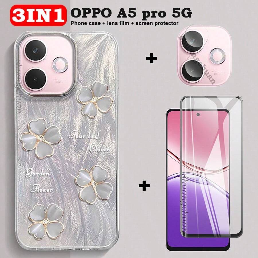 3合1适用于OPPO A5 Pro屏幕保护膜钢化玻璃膜OPPO A5pro 5G A5 Pro手机壳高级流沙壳四叶草彩绘保护套+镜头膜