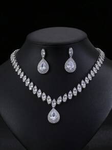 1 套 3 件女士时尚经典锆石水滴项链和耳环套装，适合晚会和日常佩戴