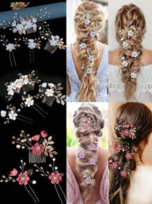 2/3/4 piezas Pasador de pelo con flores y perlas de imitación para mujer, y 1 peineta para bodas, fiestas, tocados estilo bohemio