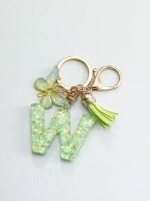 1 件创意绿色蝴蝶流苏钥匙扣带字母石树脂配件，女孩钥匙圈