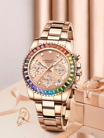 BIDEN 女士石英腕表，时尚商务风格，彩色钻石表壳，计时功能，夜光指针，自动日期显示，防水，不锈钢表带，适合休闲或正式场合，节日礼物