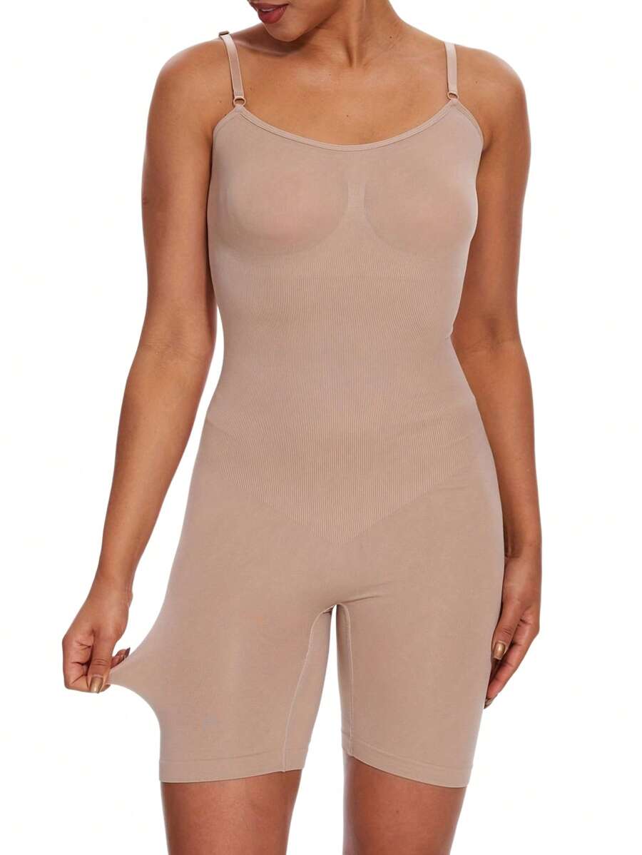 Women's High-Stretch Slimming Bodysuit - Open Crotch Full Coverage Body Shaper, Tummy Control Elastic Lingerie With Adjustable Straps For Everyday Shapewear & Seamless Outfit - 膚色 - 查看 1